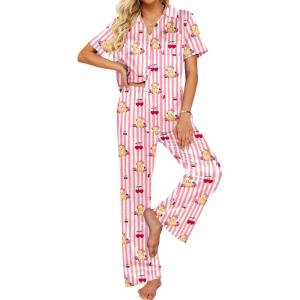 imageEkouaer Silk Pajamas for Womens Set 2 Piece Satin Pjs Soft Button Down Sleepwear Wide Leg Long Pants with PocketsPink Striped Teddy