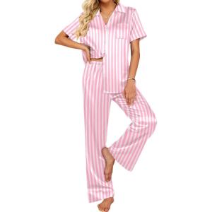 imageEkouaer Silk Pajamas for Womens Set 2 Piece Satin Pjs Soft Button Down Sleepwear Wide Leg Long Pants with PocketsPink White Stripe