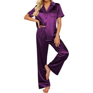 imageEkouaer Silk Pajamas for Womens Set 2 Piece Satin Pjs Soft Button Down Sleepwear Wide Leg Long Pants with PocketsPurple