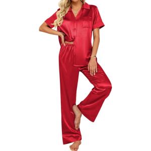 imageEkouaer Silk Pajamas for Womens Set 2 Piece Satin Pjs Soft Button Down Sleepwear Wide Leg Long Pants with PocketsRed