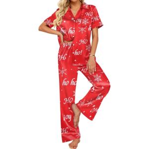 imageEkouaer Silk Pajamas for Womens Set 2 Piece Satin Pjs Soft Button Down Sleepwear Wide Leg Long Pants with PocketsRedchristmas
