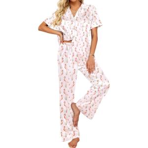 imageEkouaer Silk Pajamas for Womens Set 2 Piece Satin Pjs Soft Button Down Sleepwear Wide Leg Long Pants with PocketsWhite Famingo