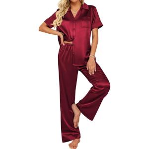 imageEkouaer Silk Pajamas for Womens Set 2 Piece Satin Pjs Soft Button Down Sleepwear Wide Leg Long Pants with PocketsWine Red