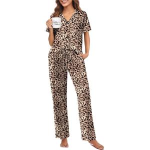 imageEkouaer Pajamas for Women Set Button Up Sleepswear 2 Piece Short Sleeve PJ Top and Long Pants Loungwear With Pocket SXXLBrown Leopard