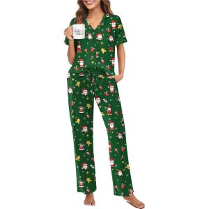 imageEkouaer Pajamas for Women Set Button Up Sleepswear 2 Piece Short Sleeve PJ Top and Long Pants Loungwear With Pocket SXXLGreen Santa Claus
