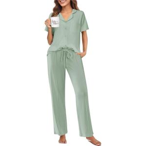 imageEkouaer Pajamas for Women Set Button Up Sleepswear 2 Piece Short Sleeve PJ Top and Long Pants Loungwear With Pocket SXXLLight Green