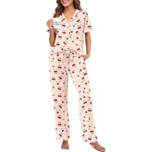 imageEkouaer Pajamas for Women Set Button Up Sleepswear 2 Piece Short Sleeve PJ Top and Long Pants Loungwear With Pocket SXXLTeddy Cherry