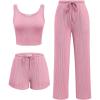 imageEkouaer Womens 3 Piece Lounge Set Ribbed Soft Pajama Set  Crop Top Shorts ampamp Pants Vacation Outfits With PokcetPink