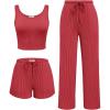 imageEkouaer Womens 3 Piece Lounge Set Ribbed Soft Pajama Set  Crop Top Shorts ampamp Pants Vacation Outfits With PokcetRed