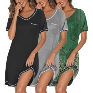 imageEkouaer 3 Pack Nightgowns for Women Short Sleeve Sleep Shirts T Shirt Night Gown V Neck Nightshirts Soft Sleepwear DressBlackGreyFloral Green