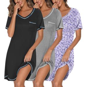 imageEkouaer 3 Pack Nightgowns for Women Short Sleeve Sleep Shirts T Shirt Night Gown V Neck Nightshirts Soft Sleepwear DressBlackGreyFloral Purple