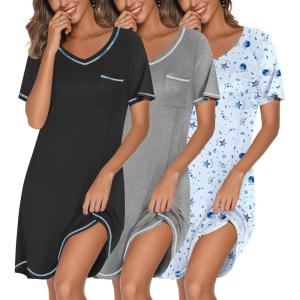 imageEkouaer 3 Pack Nightgowns for Women Short Sleeve Sleep Shirts T Shirt Night Gown V Neck Nightshirts Soft Sleepwear DressBlackGreyMoon Star