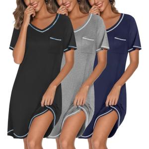imageEkouaer 3 Pack Nightgowns for Women Short Sleeve Sleep Shirts T Shirt Night Gown V Neck Nightshirts Soft Sleepwear DressBlackGreyNavy Blue