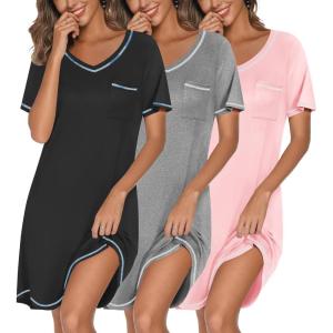 imageEkouaer 3 Pack Nightgowns for Women Short Sleeve Sleep Shirts T Shirt Night Gown V Neck Nightshirts Soft Sleepwear DressBlackGreyPink
