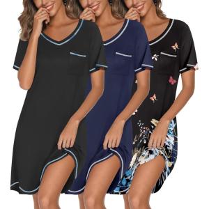 imageEkouaer 3 Pack Nightgowns for Women Short Sleeve Sleep Shirts T Shirt Night Gown V Neck Nightshirts Soft Sleepwear DressBlackNavy BlueButterfly