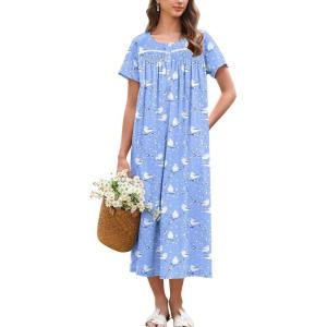 imageEkouaer Cotton Nightgowns for Women Long Night Gown Short Sleeve Sleepdress Victorian Sleepwear Nightdress with PocketsBlue Pigeon