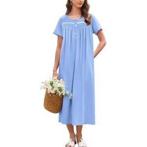 imageEkouaer Cotton Nightgowns for Women Long Night Gown Short Sleeve Sleepdress Victorian Sleepwear Nightdress with PocketsLight Blue