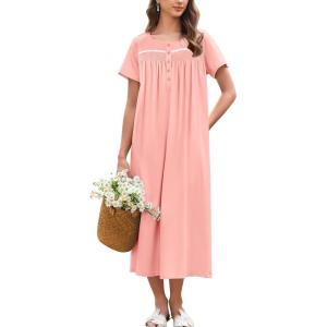 imageEkouaer Cotton Nightgowns for Women Long Night Gown Short Sleeve Sleepdress Victorian Sleepwear Nightdress with PocketsLight Pink