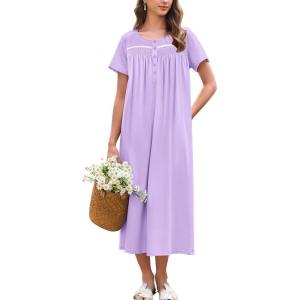 imageEkouaer Cotton Nightgowns for Women Long Night Gown Short Sleeve Sleepdress Victorian Sleepwear Nightdress with PocketsLilac Purple