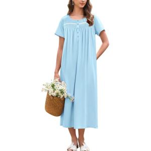 imageEkouaer Cotton Nightgowns for Women Long Night Gown Short Sleeve Sleepdress Victorian Sleepwear Nightdress with PocketsMint Green
