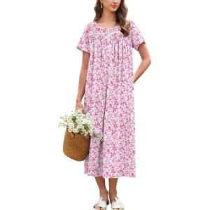 imageEkouaer Cotton Nightgowns for Women Long Night Gown Short Sleeve Sleepdress Victorian Sleepwear Nightdress with PocketsPink Floral