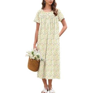 imageEkouaer Cotton Nightgowns for Women Long Night Gown Short Sleeve Sleepdress Victorian Sleepwear Nightdress with PocketsYellow Floral