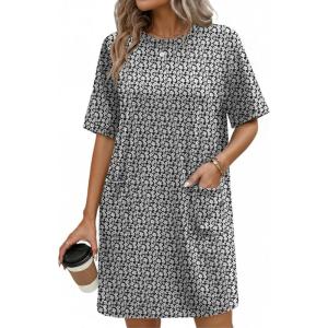 imageEkouaer Cotton Nightgowns for Women Short Sleeve Sleep Shirts Crew Neck Night Dress Nightshirt with Pockets S2XLBlack White Floral