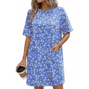 imageEkouaer Cotton Nightgowns for Women Short Sleeve Sleep Shirts Crew Neck Night Dress Nightshirt with Pockets S2XLBlue Floral