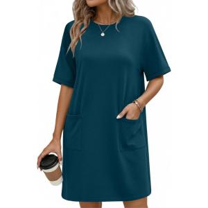 imageEkouaer Cotton Nightgowns for Women Short Sleeve Sleep Shirts Crew Neck Night Dress Nightshirt with Pockets S2XLBlue Green