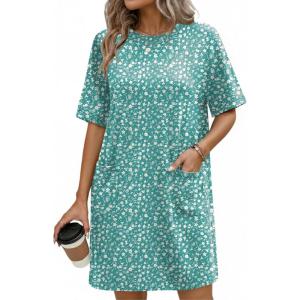 imageEkouaer Cotton Nightgowns for Women Short Sleeve Sleep Shirts Crew Neck Night Dress Nightshirt with Pockets S2XLBlue Green Floral