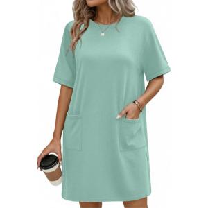 imageEkouaer Cotton Nightgowns for Women Short Sleeve Sleep Shirts Crew Neck Night Dress Nightshirt with Pockets S2XLGreen