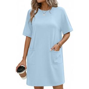 imageEkouaer Cotton Nightgowns for Women Short Sleeve Sleep Shirts Crew Neck Night Dress Nightshirt with Pockets S2XLLight Blue