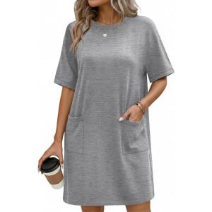 imageEkouaer Cotton Nightgowns for Women Short Sleeve Sleep Shirts Crew Neck Night Dress Nightshirt with Pockets S2XLLight Gray
