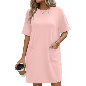 imageEkouaer Cotton Nightgowns for Women Short Sleeve Sleep Shirts Crew Neck Night Dress Nightshirt with Pockets S2XLLight Pink
