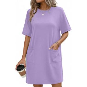 imageEkouaer Cotton Nightgowns for Women Short Sleeve Sleep Shirts Crew Neck Night Dress Nightshirt with Pockets S2XLLilac