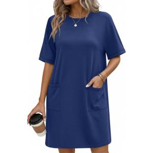 imageEkouaer Cotton Nightgowns for Women Short Sleeve Sleep Shirts Crew Neck Night Dress Nightshirt with Pockets S2XLNavy Blue