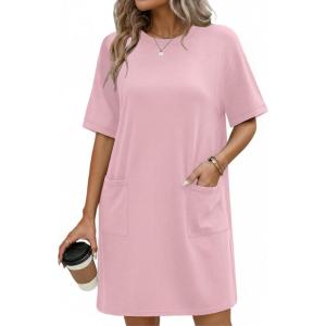 imageEkouaer Cotton Nightgowns for Women Short Sleeve Sleep Shirts Crew Neck Night Dress Nightshirt with Pockets S2XLPink