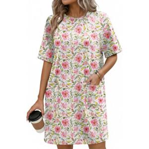 imageEkouaer Cotton Nightgowns for Women Short Sleeve Sleep Shirts Crew Neck Night Dress Nightshirt with Pockets S2XLPink Floral