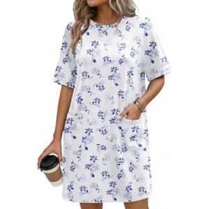 imageEkouaer Cotton Nightgowns for Women Short Sleeve Sleep Shirts Crew Neck Night Dress Nightshirt with Pockets S2XLWhite Floral