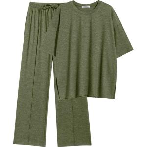imageEkouaer Lounge Sets for Women Short Sleeve Pullover Tops and Long Pants Soft Pajamas Set 2 Piece Outfits SXXLArmy Green