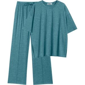 imageEkouaer Lounge Sets for Women Short Sleeve Pullover Tops and Long Pants Soft Pajamas Set 2 Piece Outfits SXXLBlue Green