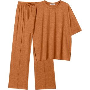 imageEkouaer Lounge Sets for Women Short Sleeve Pullover Tops and Long Pants Soft Pajamas Set 2 Piece Outfits SXXLCamel
