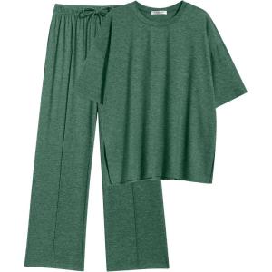 imageEkouaer Lounge Sets for Women Short Sleeve Pullover Tops and Long Pants Soft Pajamas Set 2 Piece Outfits SXXLGreen