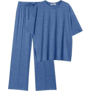 imageEkouaer Lounge Sets for Women Short Sleeve Pullover Tops and Long Pants Soft Pajamas Set 2 Piece Outfits SXXLNavy Blue