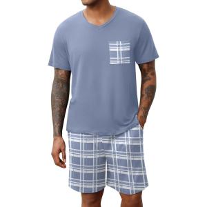 imageEkouaer Mens Pajamas Set Soft Lounge Set V Neck Sleep Nightwear Short Sleeve Pjs with Pocket SXXL01 Light Blue Plaid