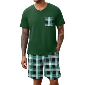 imageEkouaer Mens Pajamas Set Soft Lounge Set V Neck Sleep Nightwear Short Sleeve Pjs with Pocket SXXL02 Green Plaid