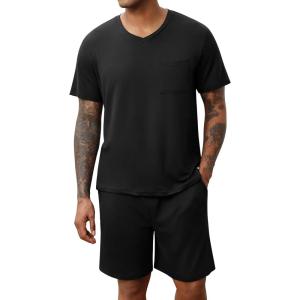 imageEkouaer Mens Pajamas Set Soft Lounge Set V Neck Sleep Nightwear Short Sleeve Pjs with Pocket SXXLBlack