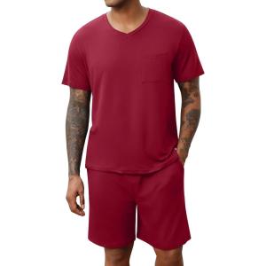 imageEkouaer Mens Pajamas Set Soft Lounge Set V Neck Sleep Nightwear Short Sleeve Pjs with Pocket SXXLDark Red