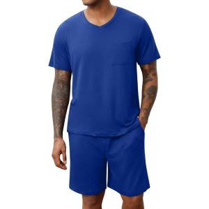 imageEkouaer Mens Pajamas Set Soft Lounge Set V Neck Sleep Nightwear Short Sleeve Pjs with Pocket SXXLDeep Blue
