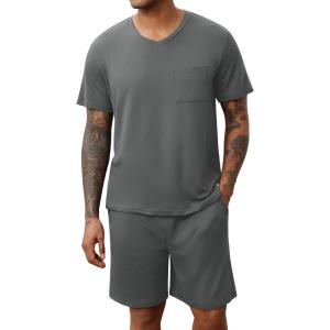 imageEkouaer Mens Pajamas Set Soft Lounge Set V Neck Sleep Nightwear Short Sleeve Pjs with Pocket SXXLGrey